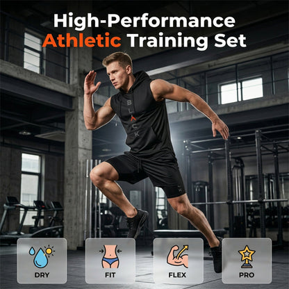 🏋️‍50 % SLEVA PRÁVĚ TEĎ! 💪 Pánská sada bezrukávové mikiny s kapucí a šortek – sportovní a ležérní střih – prodyšná a rychleschnoucí 🏋️‍♂️