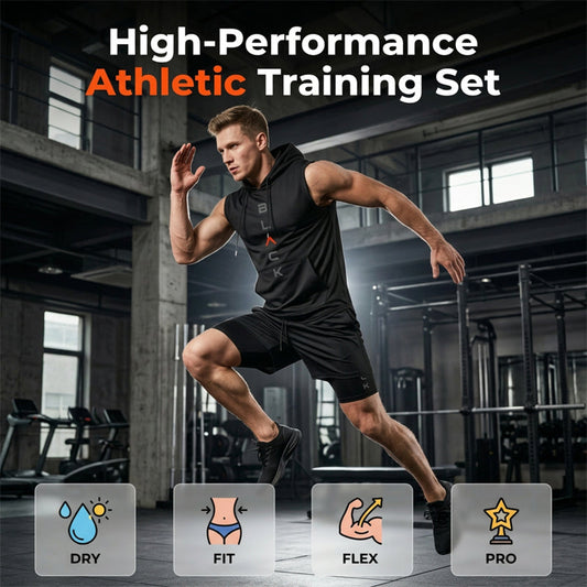 🏋️‍50 % SLEVA PRÁVĚ TEĎ! 💪 Pánská sada bezrukávové mikiny s kapucí a šortek – sportovní a ležérní střih – prodyšná a rychleschnoucí 🏋️‍♂️