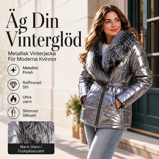 ❄️Damjacka i Metallisk Finish med Imitationspälskrage – Midjebälte & Vadderad Passform🛍️