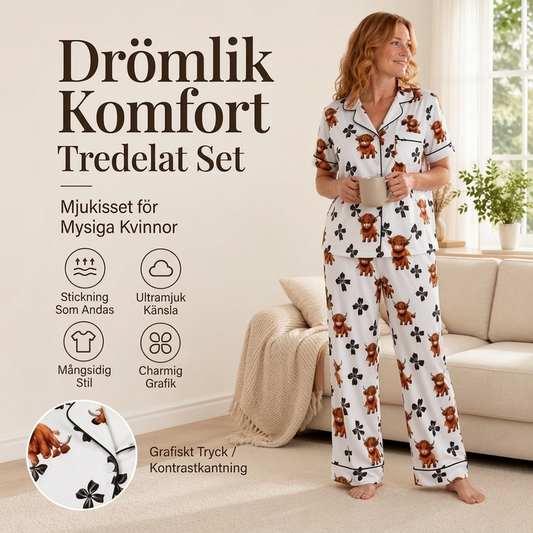 🐮Pyjamasset Dam med Highland Cow-mönster – Mjukt & Mysigt 3-delat Set