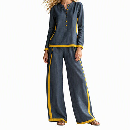 👚 Fritidsset för damer: en långärmad topp i kontrastfärger + ett par byxor med vid ben✨