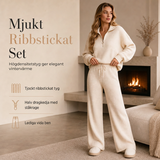 🧥Tvådelat set i ribbat stickat för damer – modell med halv dragkedja och vida byxben💫
