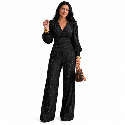 🥂Tvådelad outfit för kvinnor höst vinter djup v-ringad krage lanternärmad plisserad topp och byxor med vida ben med fickor🍂