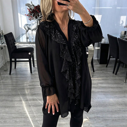 ☁️Damtopp med V-hals och sequin-sydd chiffong💫